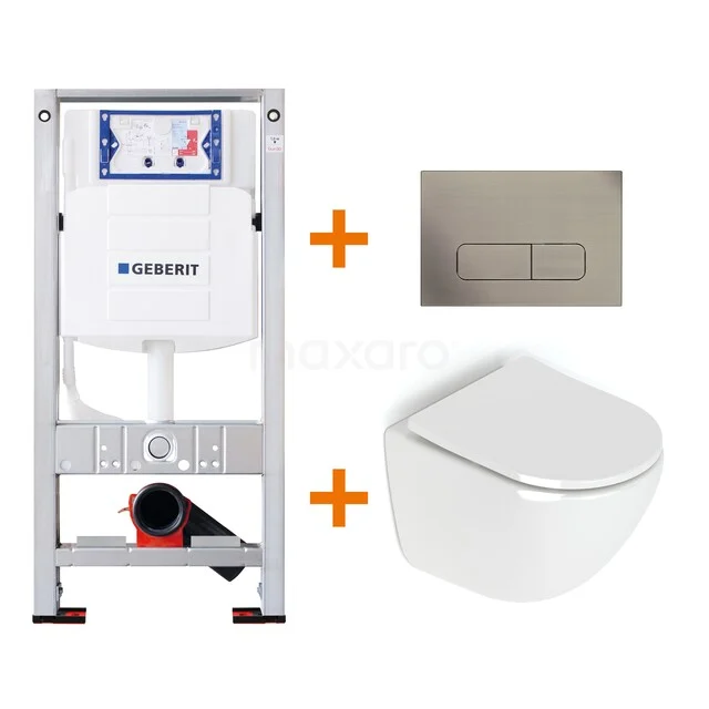 Geberit Unterputzspülkasten Set mit weißem Wand-WC und gebürsteter Edelstahl Betätigungsplatte, perfekt für moderne Bäder.