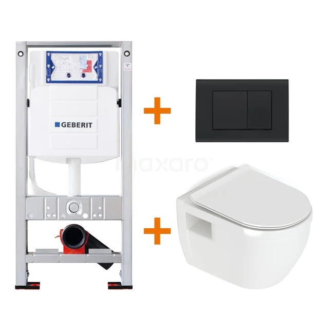 WC-Set Hochglanz Weiß ohne Rand + Geberit UP320 Unterputzspülkasten mit Schalldämmung TOI236 Unterputzspülkasten mit weißem Wand-WC und schwarzer Betätigungsplatte, perfekt für ein modernes Badezimmer.