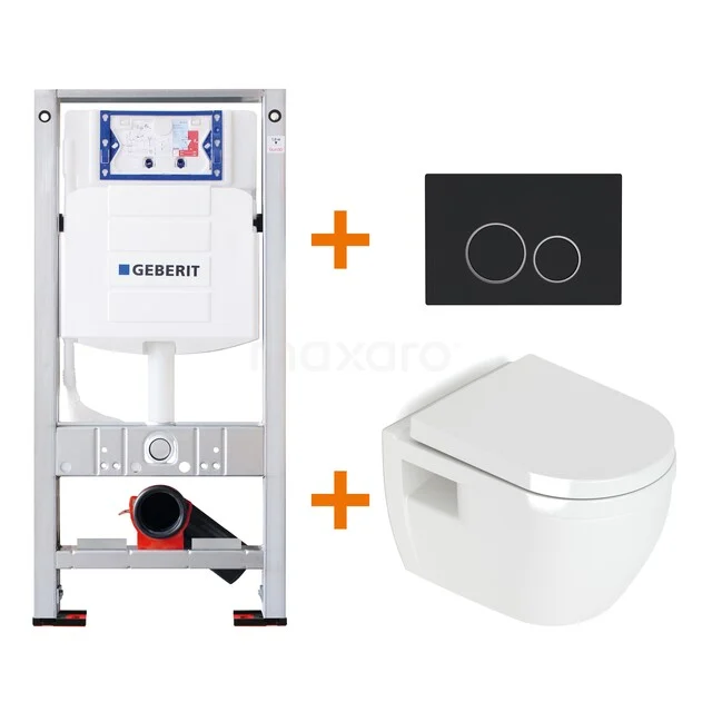 Inbouw wc-set met wit keramisch hangtoilet, zwart bedieningselement en stevig RVS bevestigingsframe voor moderne badkamers.
