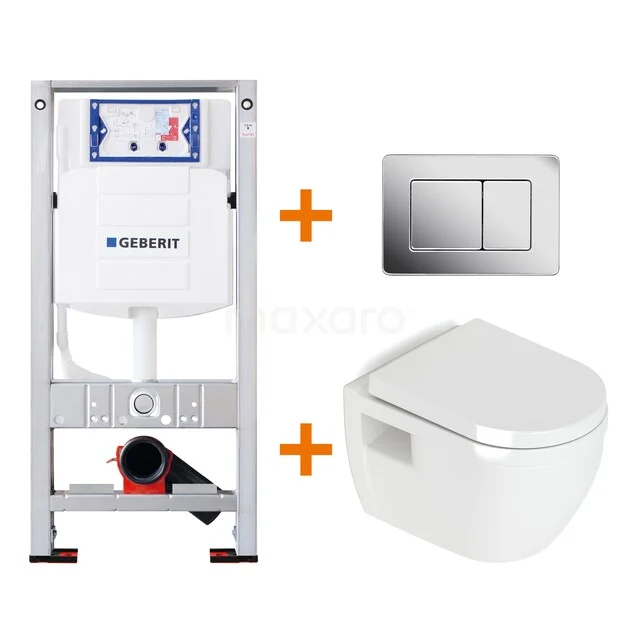 WC-Set Hochglanz Weiß ohne Rand + Geberit UP320 Unterputzspülkasten mit Schalldämmung TOI255 Unterputzspülkasten-Set mit weißem Wand-WC und Chrom-Bedienfeld, ideal für moderne und platzsparende Bäder.