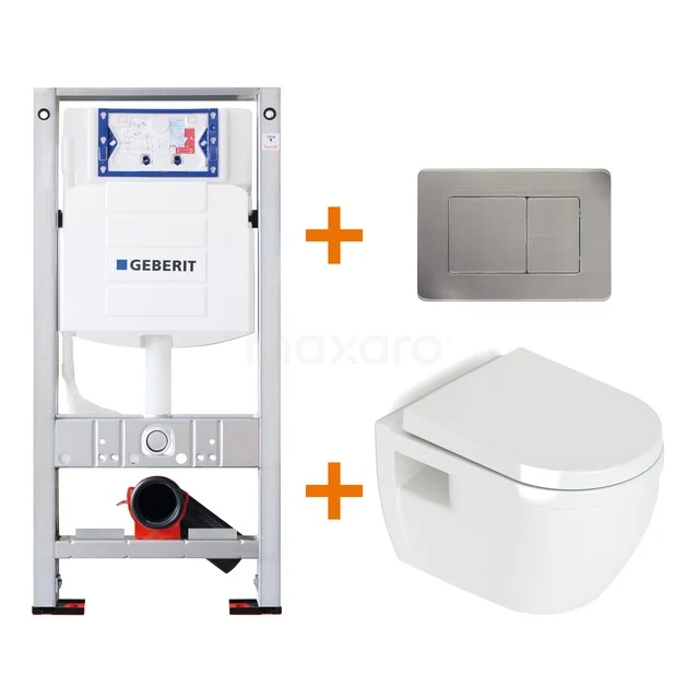 Inbouw toiletset met witte hangende toiletpot, RVS bedieningsplaat en frame, ideaal voor een moderne badkamerstijl.