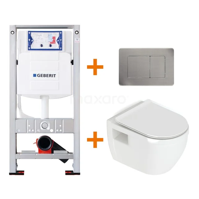 Wand-WC-Set mit weißem Wand-WC, Unterputzspülkasten und Edelstahl Bedienfeld - hygienisches und platzsparendes Design.