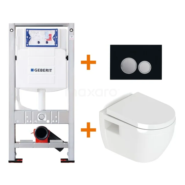 Weißes Wand-WC mit schwarzer Betätigungsplatte, einschließlich Unterputzspülkasten; modern und platzsparend für jedes Badezimmer.