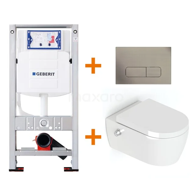 WC-Set Hochglanz Weiß ohne Rand + Geberit UP320 Unterputzspülkasten mit Schalldämmung TOI307 Unterputzspülkasten Grohe Set mit weißem Wand-WC und Edelstahl-Bedienungsplatte, perfekte Wahl für ein modernes und elegantes Badezimmer.