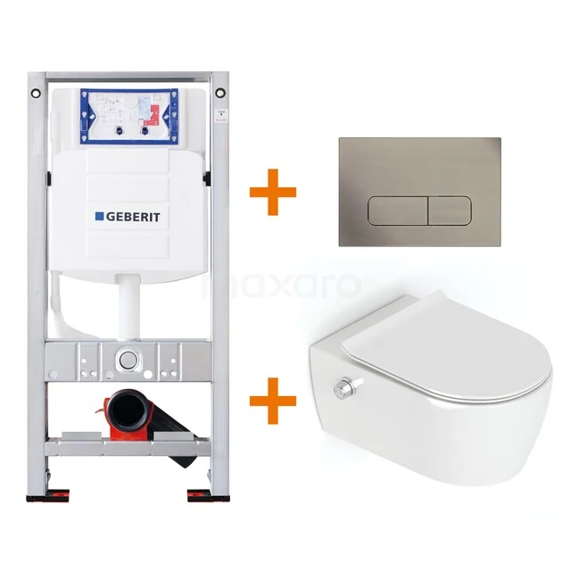 WC-Set Hochglanz Weiß ohne Rand + Geberit UP320 Unterputzspülkasten mit Schalldämmung TOI308 Inbouw WC-Set mit weißem Wand-WC, Aluminium-Druckplatte und Edelstahlrahmen; nachhaltiges Badezimmerdesign mit modernem Erscheinungsbild.