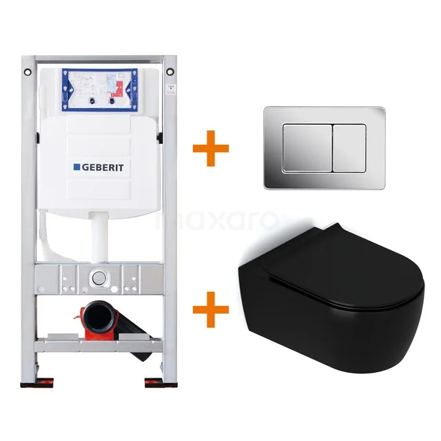 Toiletset Mat zwart met Spoelrand + Geberit UP320 inbouwreservoir met geluidsisolatie TOI363