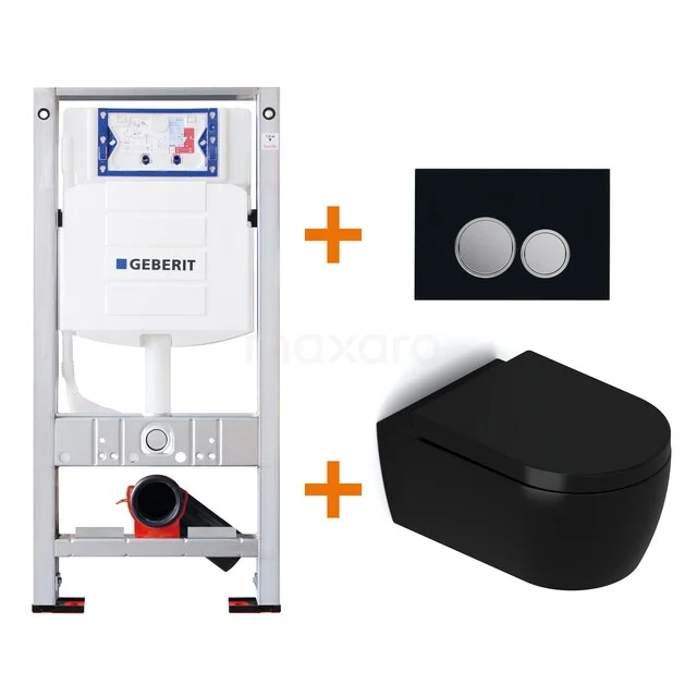 WC-Set Matt Schwarz mit Rand + Geberit UP320 Unterputzspülkasten mit Schalldämmung TOI368 Komplettset für ein schwarzes Wand-WC mit Unterputzspülkasten, Drückerplatte im Schwarz-Weiß-Design; moderne Ergänzung für jedes Badezimmer.