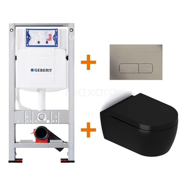 WC-Set Matt Schwarz mit Rand + Geberit UP320 Unterputzspülkasten mit Schalldämmung TOI370 Schwarz Wand-WC mit passendem Unterputzspülkasten und gebürsteter Edelstahl Druckplatte, ideal für ein modernes Badezimmer.