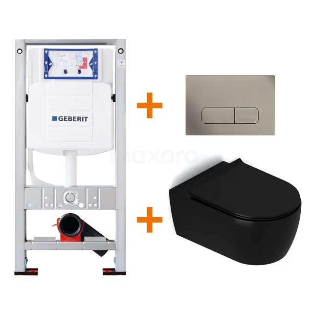 WC-Set Matt Schwarz mit Rand + Geberit UP320 Unterputzspülkasten mit Schalldämmung TOI371 Schwarzes Wand-WC mit Edelstahl-Bedienungsplatte und Unterputzspülkasten, modernes und platzsparendes Design für ein stilvolles Badezimmer.