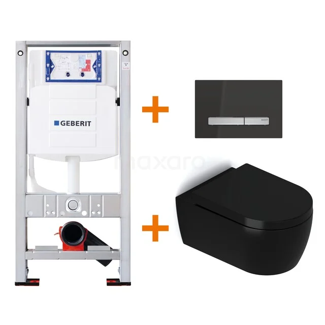 Black wall-mounted toilet set, including concealed cistern, soft-close seat and matt black control plate, ideal for modern bathrooms.