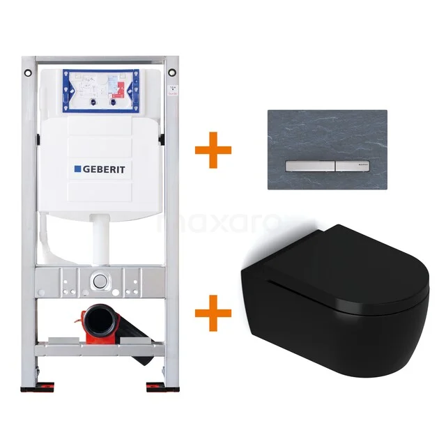 Zwart hangend toiletset met inbouwreservoir en bedieningspaneel, ideaal voor een moderne badkamerinrichting.