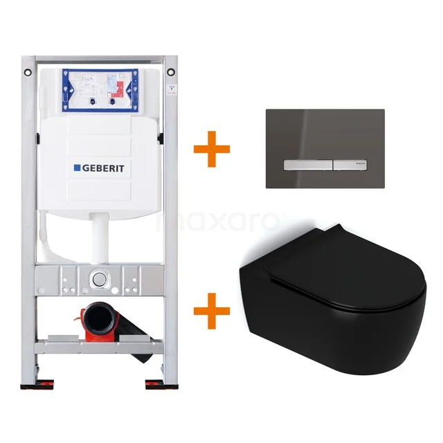 WC-Set Matt Schwarz mit Rand + Geberit UP320 Unterputzspülkasten mit Schalldämmung TOI379 Schwarz Wand-WC mit Unterputzspülkasten und Edelstahl-Bedienungsplatte, ideal für schlichte und moderne Bäder.