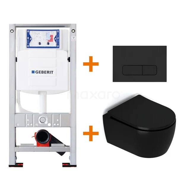 WC-Set Matt Schwarz mit Rand + Geberit UP320 Unterputzspülkasten mit Schalldämmung TOI387 Schwarz Wand-WC mit Matt Schwarz Bedienungsplatte und Unterputzspülkasten, ideal für ein modernes Badezimmer.