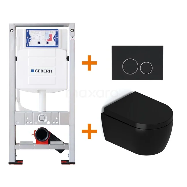 Geberit toiletset met zwart hangtoilet, inbouwreservoir en stijlvolle bedieningsplaat, ideaal voor een moderne badkamer.