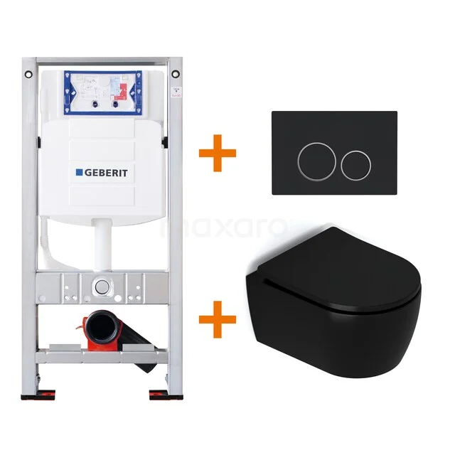 Toiletset Mat zwart met Spoelrand + Geberit UP320 inbouwreservoir met geluidsisolatie TOI389 Zwart hangtoiletset met slim inbouwreservoir en moderne bedieningsplaat; ideaal voor een strakke badkamerstijl.