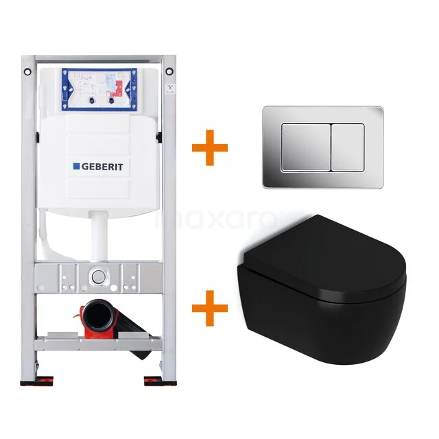 WC-Set Matt Schwarz mit Rand + Geberit UP320 Unterputzspülkasten mit Schalldämmung TOI402 Schwarz Wand-WC mit Unterputzspülkasten, einschließlich Edelstahl Bedienfeld; elegantes Design für modernes Badezimmer.