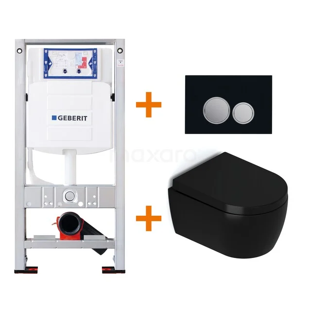 Toiletset Mat zwart met Spoelrand + Geberit UP320 inbouwreservoir met geluidsisolatie TOI408