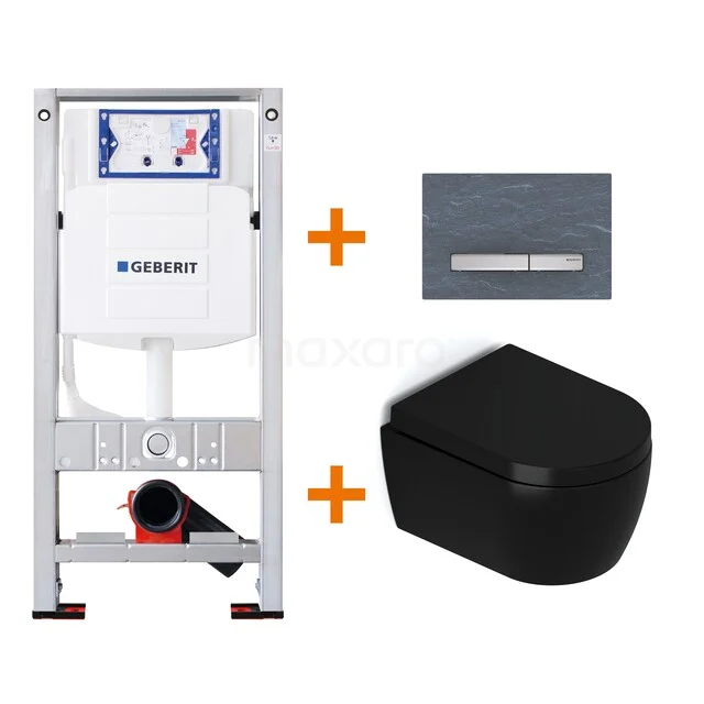 Schwarzes Wand-WC-Set mit Unterputzspülkasten, schicker Edelstahl-Bedienungsplatte und modernem Design, ideal für ein stilvolles Badezimmer.