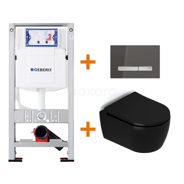 Schwarz Wand-WC mit matter Oberfläche, einschließlich Geberit Unterputzspülkasten und Betätigungsplatte, ideal für ein modernes Badezimmer.