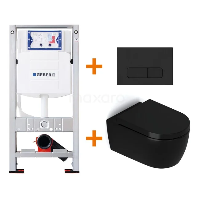 Zwart hangend toiletset met modern design, inclusief inbouwreservoir en zwarte bedieningsplaat voor stijlvolle badkamerinrichting.