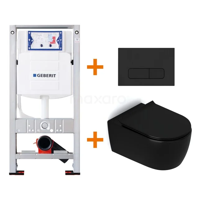 Toiletset Mat zwart zonder Spoelrand + Geberit UP320 inbouwreservoir met geluidsisolatie TOI427 Geberit inbouwreservoir met zwarte wc en bedieningspaneel, modern design voor een stijlvolle badkamer.