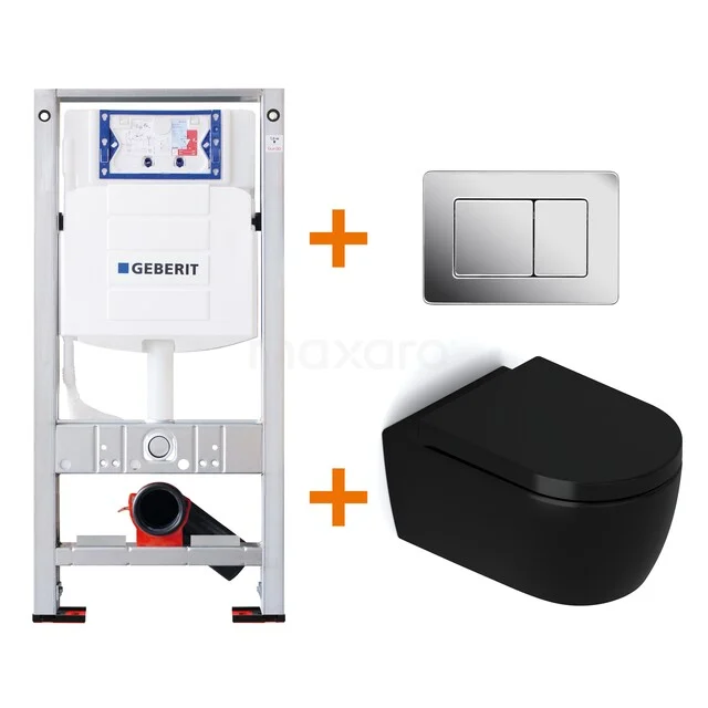 Zwart hangend toilet van keramiek met Geberit inbouwreservoir en chrome bedieningsplaat, ideaal voor luxe badkamerontwerpen.
