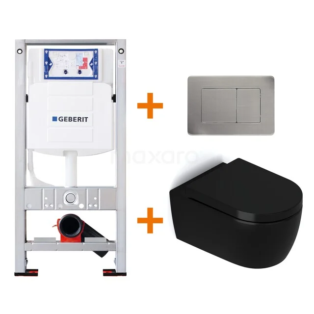 Toiletset Mat zwart zonder Spoelrand + Geberit UP320 inbouwreservoir met geluidsisolatie TOI444 Zwart hangtoilet met strak design, inclusief inbouwreservoir en RVS bedieningsplaat, ideaal voor een moderne badkamer.