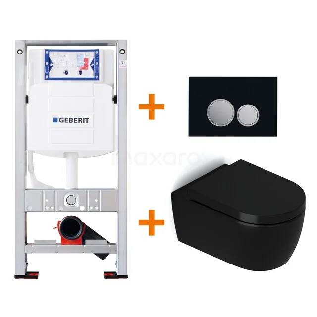 Toiletset Mat zwart zonder Spoelrand + Geberit UP320 inbouwreservoir met geluidsisolatie TOI448 Zwart hangend toilet met inbouwreservoir en bedieningspaneel, ideaal voor een moderne en strakke badkamer inrichting.