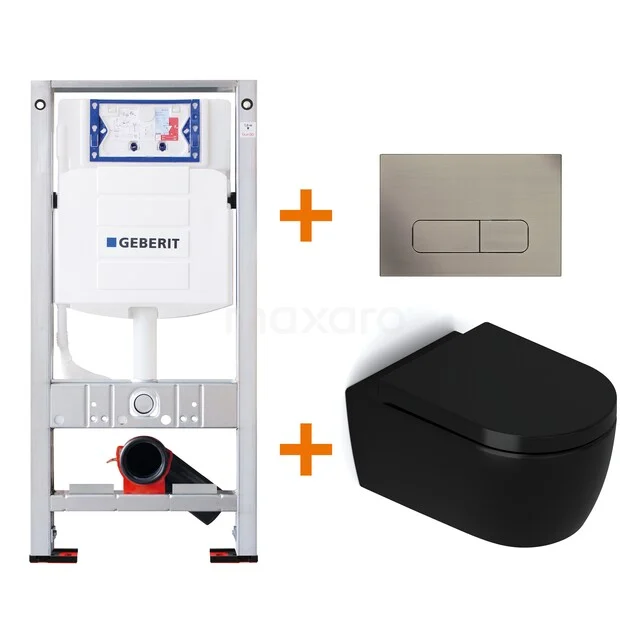 Toilet set Matte black with Easy clean + Geberit UP320 concealed cistern TOI450 Black wall-hung toilet set with stainless steel control plate and concealed cistern, ideal for a modern bathroom style.