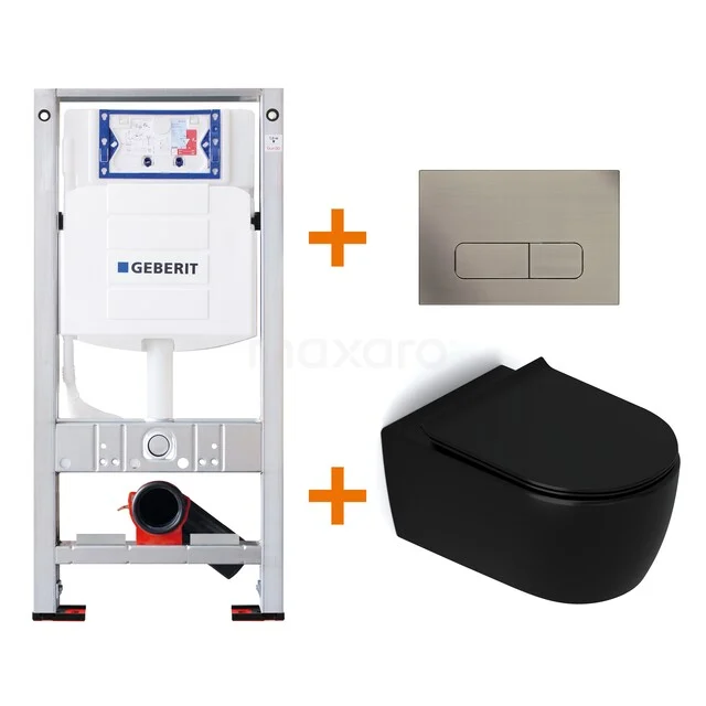 Zwart hangend toilet met inbouwframe, bedieningsplaat en waterbesparend systeem, ideaal voor moderne badkamers.