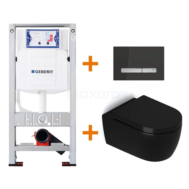 Schwarze hängende WC, Geberit Unterputzspülkasten und Bedienfeld. Stilvolles Sanitärpaket für ein modernes Badezimmer.