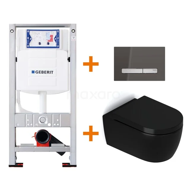 Toilet set Matte black with Easy clean + Geberit UP320 concealed cistern TOI458 Built-in cistern set with gloss black wall hung toilet and chrome control plate, ideal for a modern bathroom.