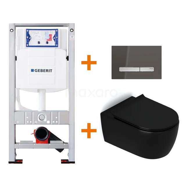 Toilet set Matte black with Easy clean + Geberit UP320 concealed cistern TOI459 Built-in Toilet set with black wall-mounted toilet, control plate and frame; modern design for a stylish bathroom.