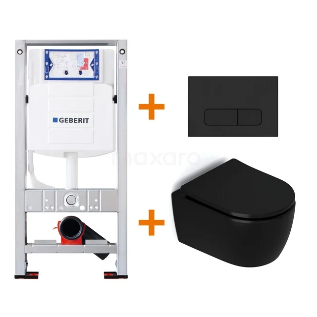 Toiletset Mat zwart zonder Spoelrand + Geberit UP320 inbouwreservoir met geluidsisolatie TOI468