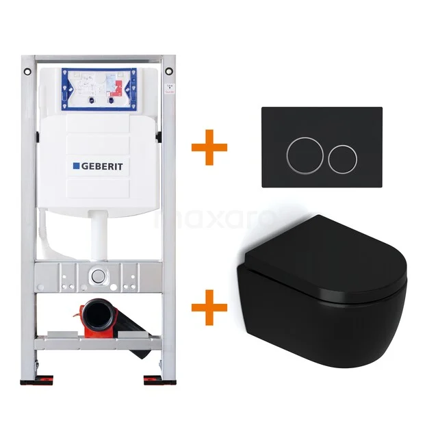 Toiletset Mat zwart zonder Spoelrand + Geberit UP320 inbouwreservoir met geluidsisolatie TOI469 Inbouwreservoir met modern zwart wandcloset en bijpassend bedieningspaneel, ideaal voor een stijlvolle badkamerupgrade.