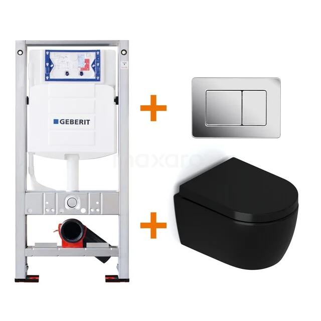 Toiletset Mat zwart zonder Spoelrand + Geberit UP320 inbouwreservoir met geluidsisolatie TOI483