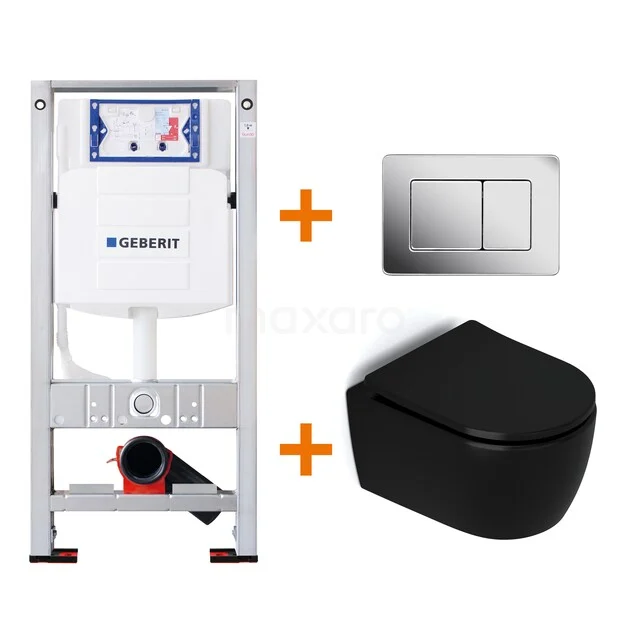 Toiletset Mat zwart zonder Spoelrand + Geberit UP320 inbouwreservoir met geluidsisolatie TOI484