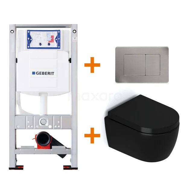 WC-Set Matt Schwarz ohne Rand + Geberit UP320 Unterputzspülkasten mit Schalldämmung TOI485 Schwarz Wand-WC mit klarem Design, einschließlich Unterputzspülkasten und Edelstahl-Bedienungsplatte, ideal für moderne Bäder.