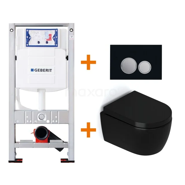 Toiletset Mat zwart zonder Spoelrand + Geberit UP320 inbouwreservoir met geluidsisolatie TOI489