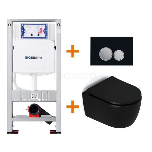 Toiletset Mat zwart zonder Spoelrand + Geberit UP320 inbouwreservoir met geluidsisolatie TOI490