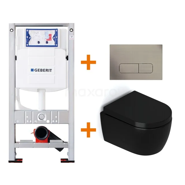 Toiletset Mat zwart zonder Spoelrand + Geberit UP320 inbouwreservoir met geluidsisolatie TOI491
