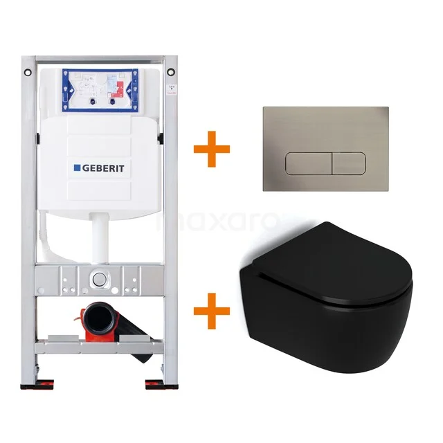 WC-Set Matt Schwarz ohne Rand + Geberit UP320 Unterputzspülkasten mit Schalldämmung TOI492 Unterputzspülkasten mit schwarzem Wand-WC und mattem Chrom Bedienfeld, ideal für eine moderne Badezimmer Einrichtung.