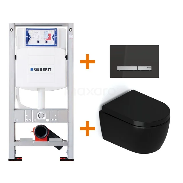 Black wall-mounted soft-close toilet including toilet frame and black control plate, sleek design for a modern bathroom.