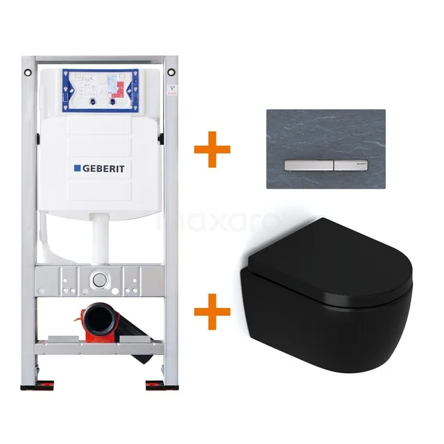 WC-Set Matt Schwarz ohne Rand + Geberit UP320 Unterputzspülkasten mit Schalldämmung TOI497 Schwarzes Wandclosetset mit klarem Design, einschließlich Unterputzspülkasten und grauer Bedienungsplatte, ideal für ein modernes Badezimmer.