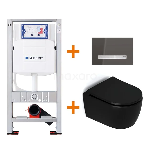 WC-Set Matt Schwarz ohne Rand + Geberit UP320 Unterputzspülkasten mit Schalldämmung TOI500 Unterputzspülkasten-Set mit Schwarz Wand-WC und modernem Betätigungsplatte, ideal für minimalistische Badezimmergestaltungen.