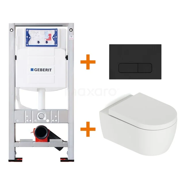 Toiletset Mat wit met Spoelrand + Geberit UP320 inbouwreservoir met geluidsisolatie TOI509 Geberit inbouwreservoir met zwarte bedieningsplaat en witte wandcloset, modern design voor een strakke badkamerstijl.