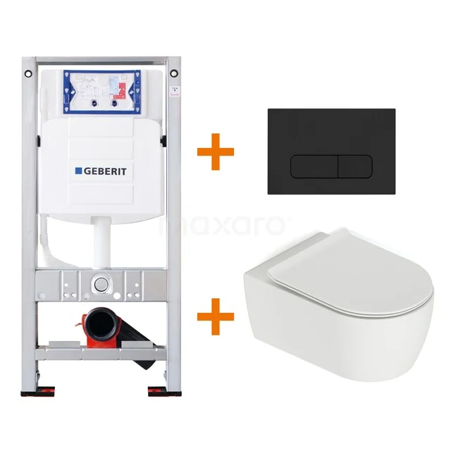 Toiletset Mat wit met Spoelrand + Geberit UP320 inbouwreservoir met geluidsisolatie TOI510 Wit hangtoilet met inbouwreservoir en zwarte bedieningsplaat; modern sanitair set voor stijlvolle badkamers.