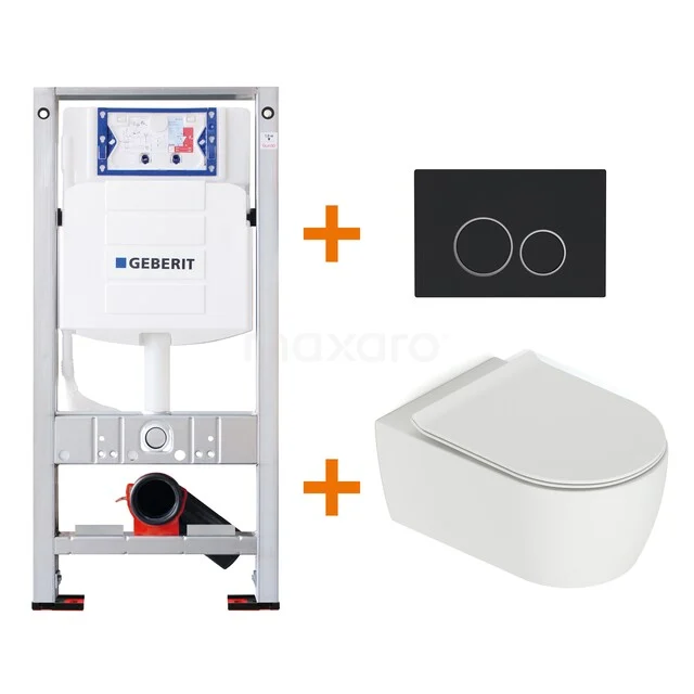 Toiletset Mat wit met Spoelrand + Geberit UP320 inbouwreservoir met geluidsisolatie TOI512 Complete toiletset met wit wandcloset, zwart bedieningspaneel en inbouwreservoir, ideaal voor een moderne badkamer.