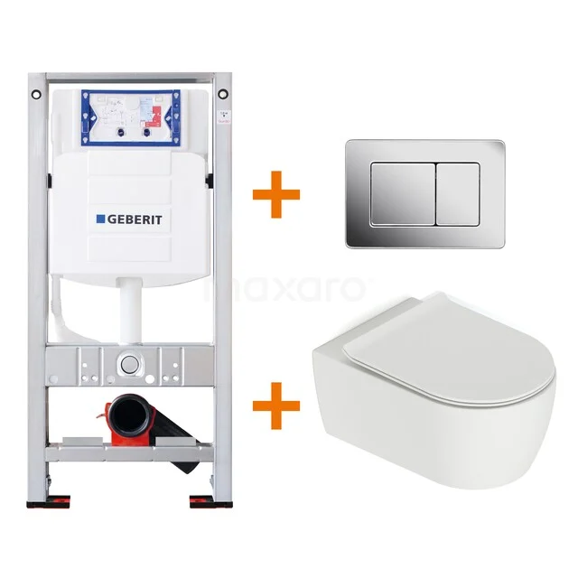 Toiletset Mat wit met Spoelrand + Geberit UP320 inbouwreservoir met geluidsisolatie TOI526 Geberit inbouwtoiletset, inclusief wandcloset van keramiek, wit, met RVS bedieningsplaat. Perfect voor een moderne badkamer.