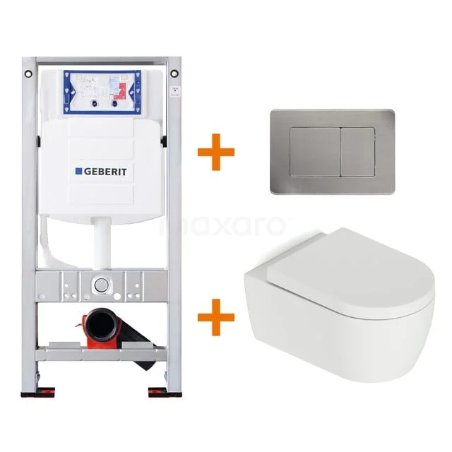 Toiletset Mat wit met Spoelrand + Geberit UP320 inbouwreservoir met geluidsisolatie TOI527 Inbouwtoiletset wit met wandcloset, RVS bedieningsplaat en frame; ruimtebesparend design voor moderne badkamers.